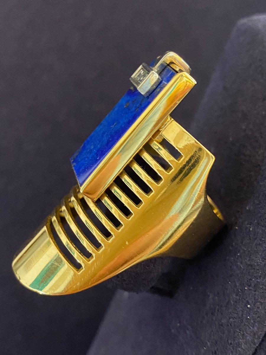 JANINE RENARD (1947),  BAGUE MODERNISTE LAPIS LAZULI DIAMANT-photo-3