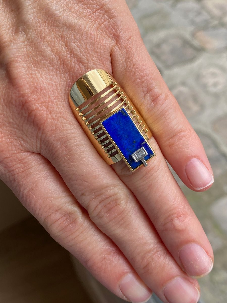 JANINE RENARD (1947),  BAGUE MODERNISTE LAPIS LAZULI DIAMANT-photo-4
