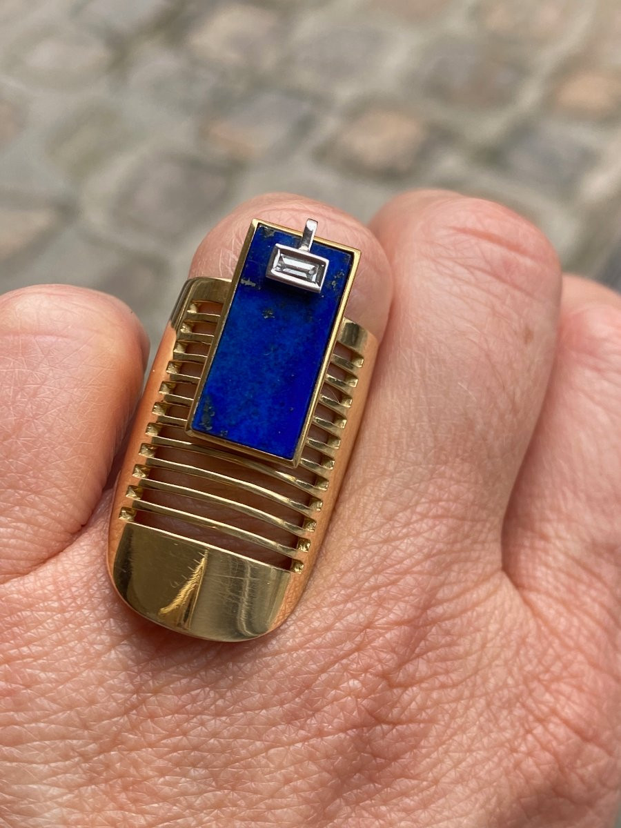 JANINE RENARD (1947),  BAGUE MODERNISTE LAPIS LAZULI DIAMANT-photo-5