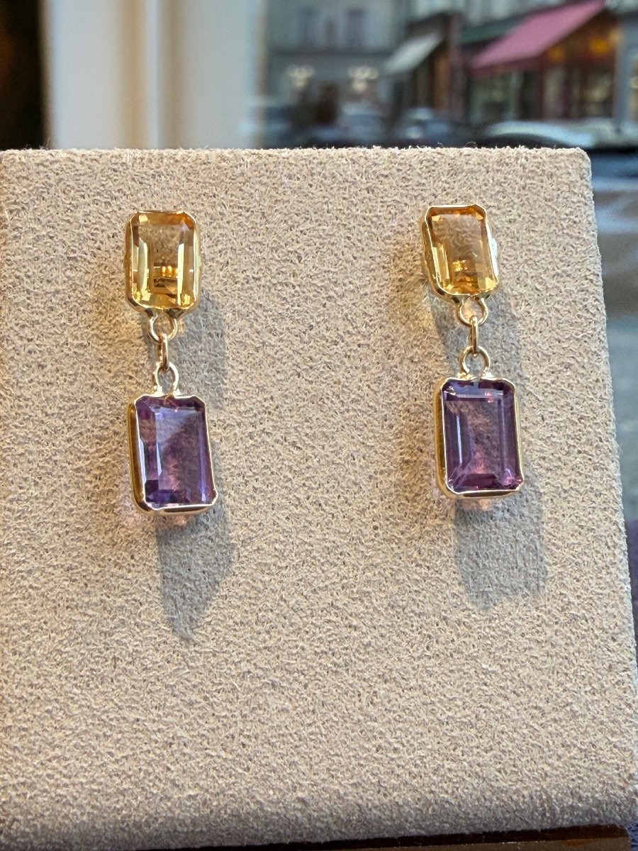 BOUCLES D'OREILLES EN OR CITRINES & AMETHYSTES-photo-2