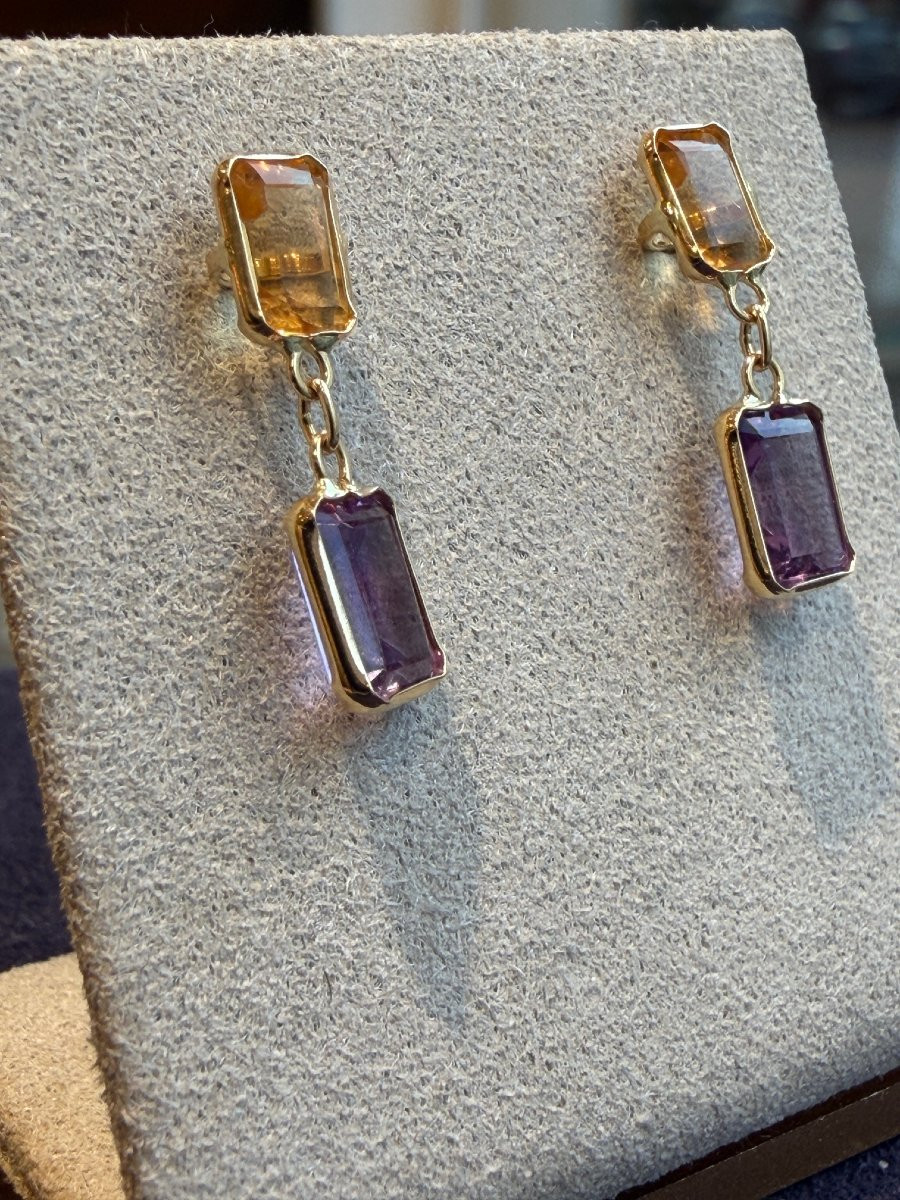 BOUCLES D'OREILLES EN OR CITRINES & AMETHYSTES-photo-4