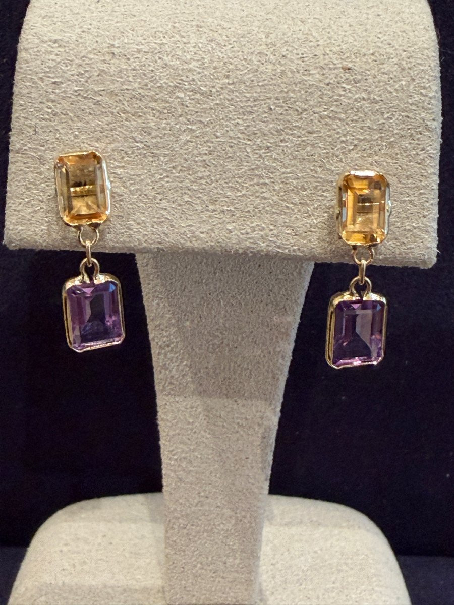BOUCLES D'OREILLES EN OR CITRINES & AMETHYSTES-photo-2