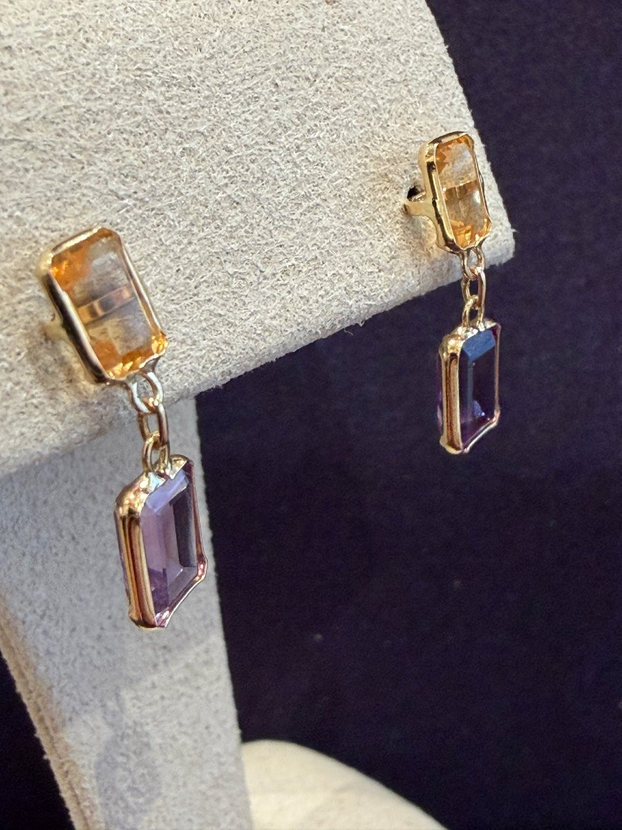 BOUCLES D'OREILLES EN OR CITRINES & AMETHYSTES-photo-3