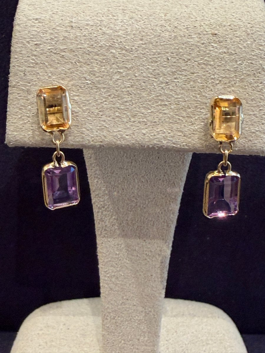 BOUCLES D'OREILLES EN OR CITRINES & AMETHYSTES-photo-4