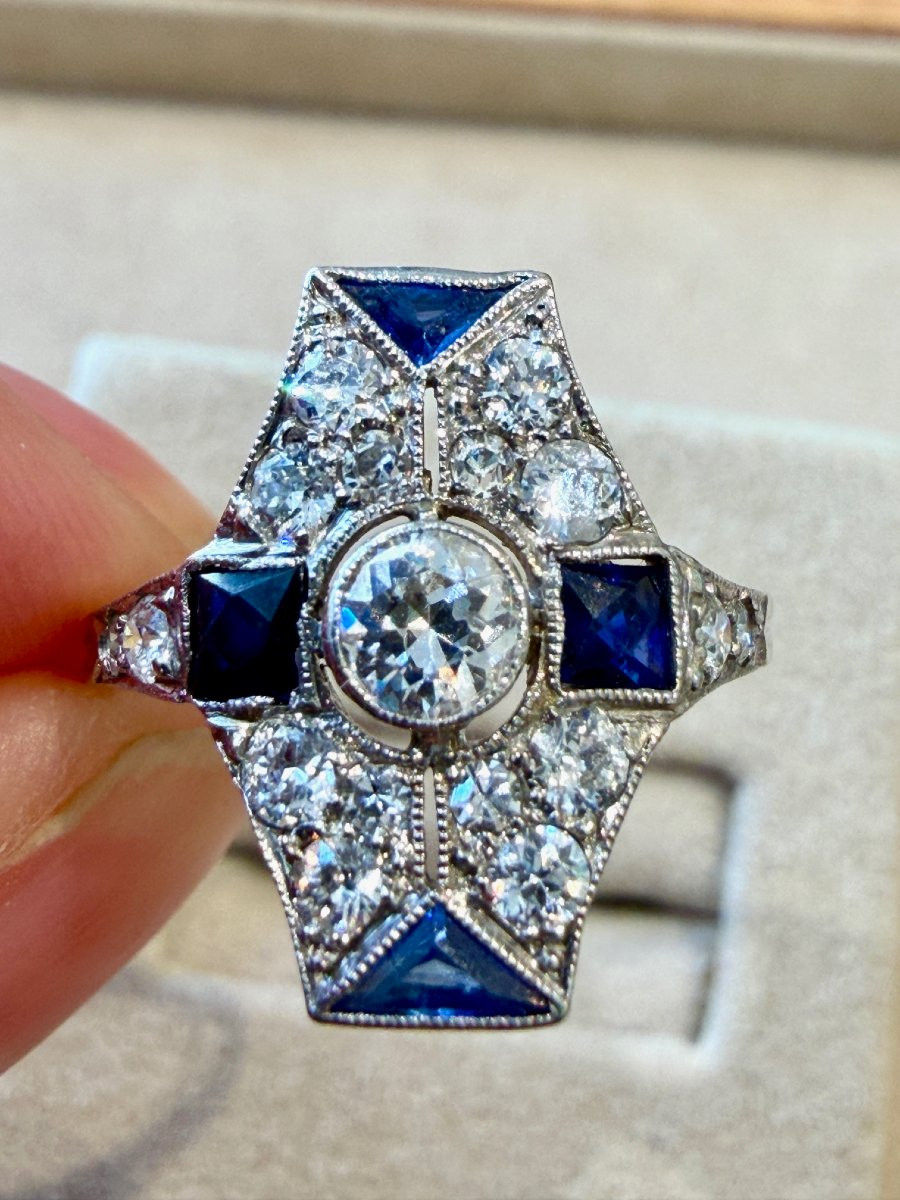 Verneuil Octagonal Art Deco Ring With Diamonds & Sapphires-photo-1