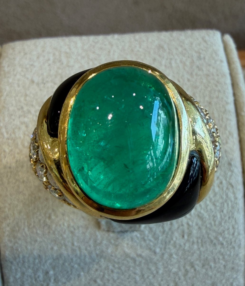 BAGUE EMERAUDE CABOCHON, DIAMANTS & EMAIL NOIR-photo-3