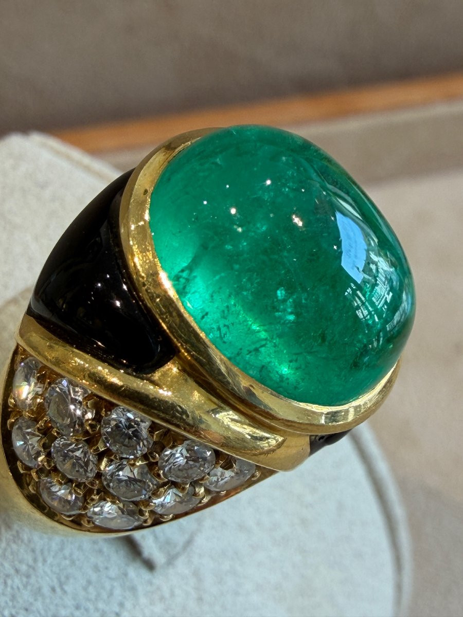 BAGUE EMERAUDE CABOCHON, DIAMANTS & EMAIL NOIR-photo-1
