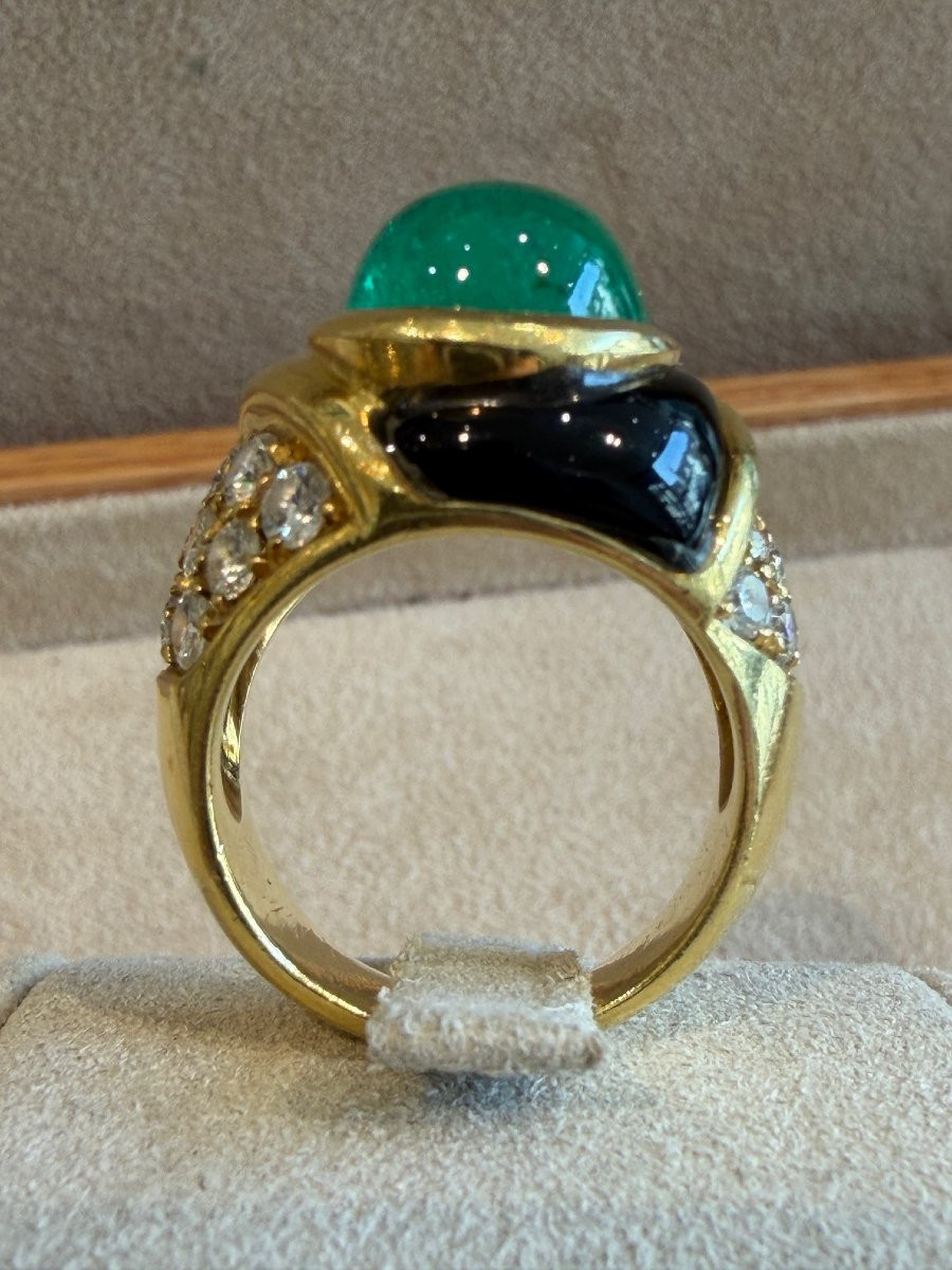 BAGUE EMERAUDE CABOCHON, DIAMANTS & EMAIL NOIR-photo-2
