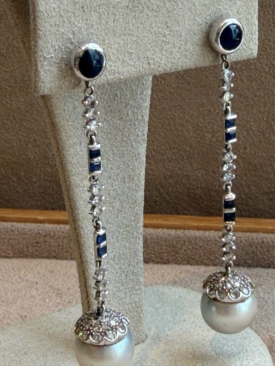 Pearls, Diamonds & Sapphires Dangling Earrings-photo-2
