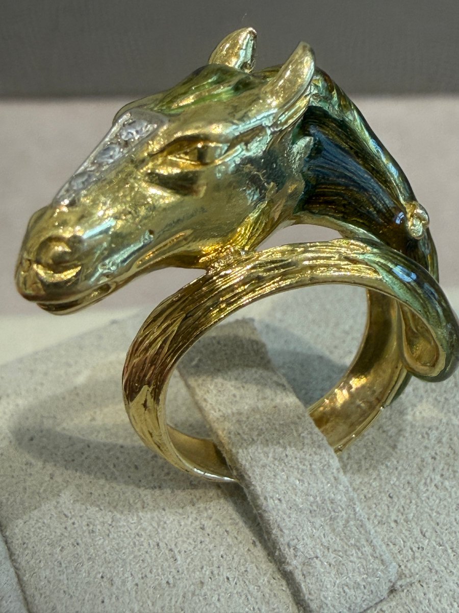 Enamel, Diamonds & Gold Horse Ring