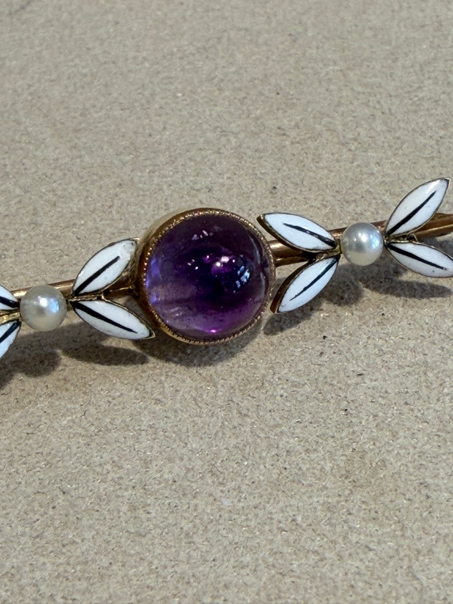 Vintage Amethyst, Enamel, And Pearl Brooch-photo-3