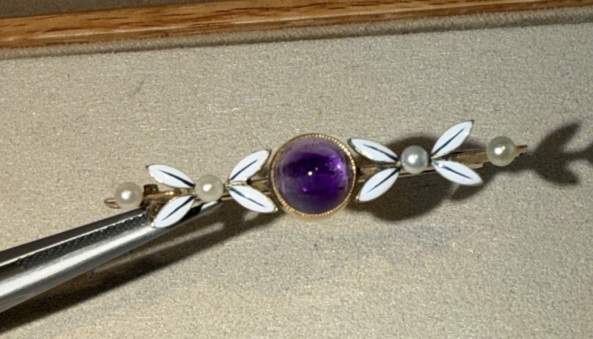 Vintage Amethyst, Enamel, And Pearl Brooch-photo-4