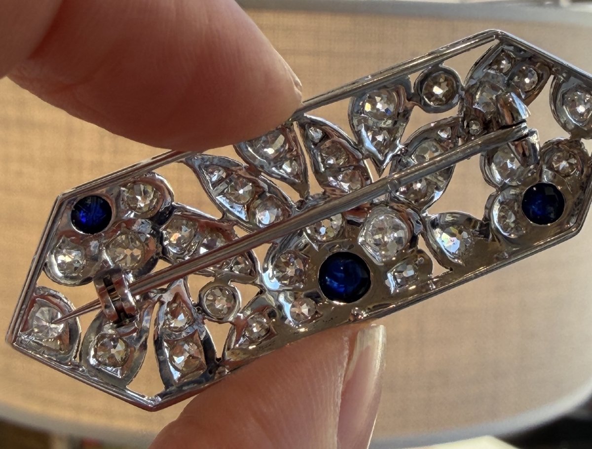 BROCHE ART DECO DIAMANTS & SAPHIRS CABOCHONS-photo-3