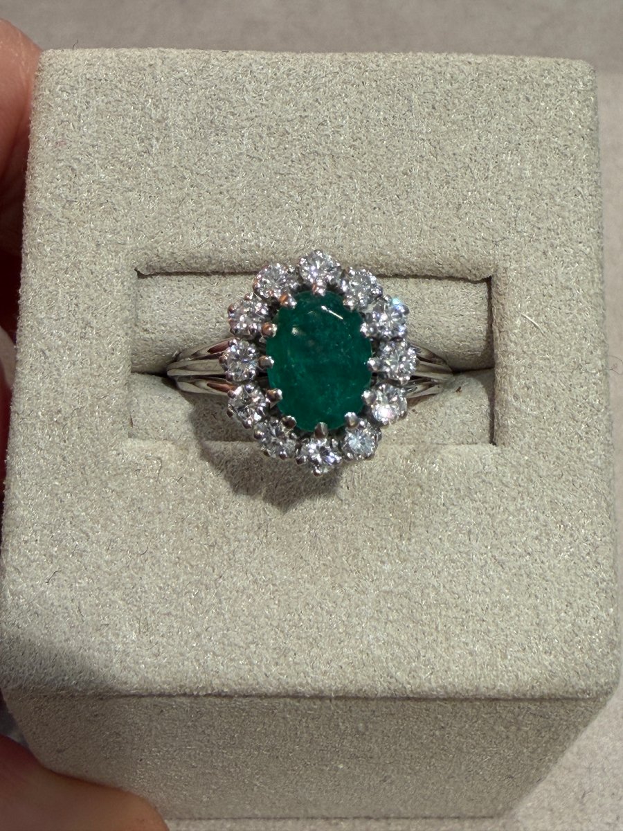 BAGUE ANCIENNE MARGUERITE EMERAUDE & DIAMANTS-photo-2