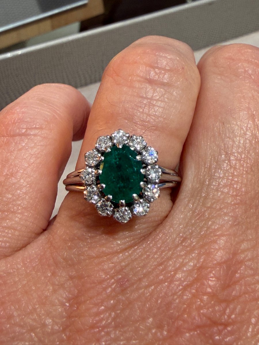 BAGUE ANCIENNE MARGUERITE EMERAUDE & DIAMANTS-photo-5