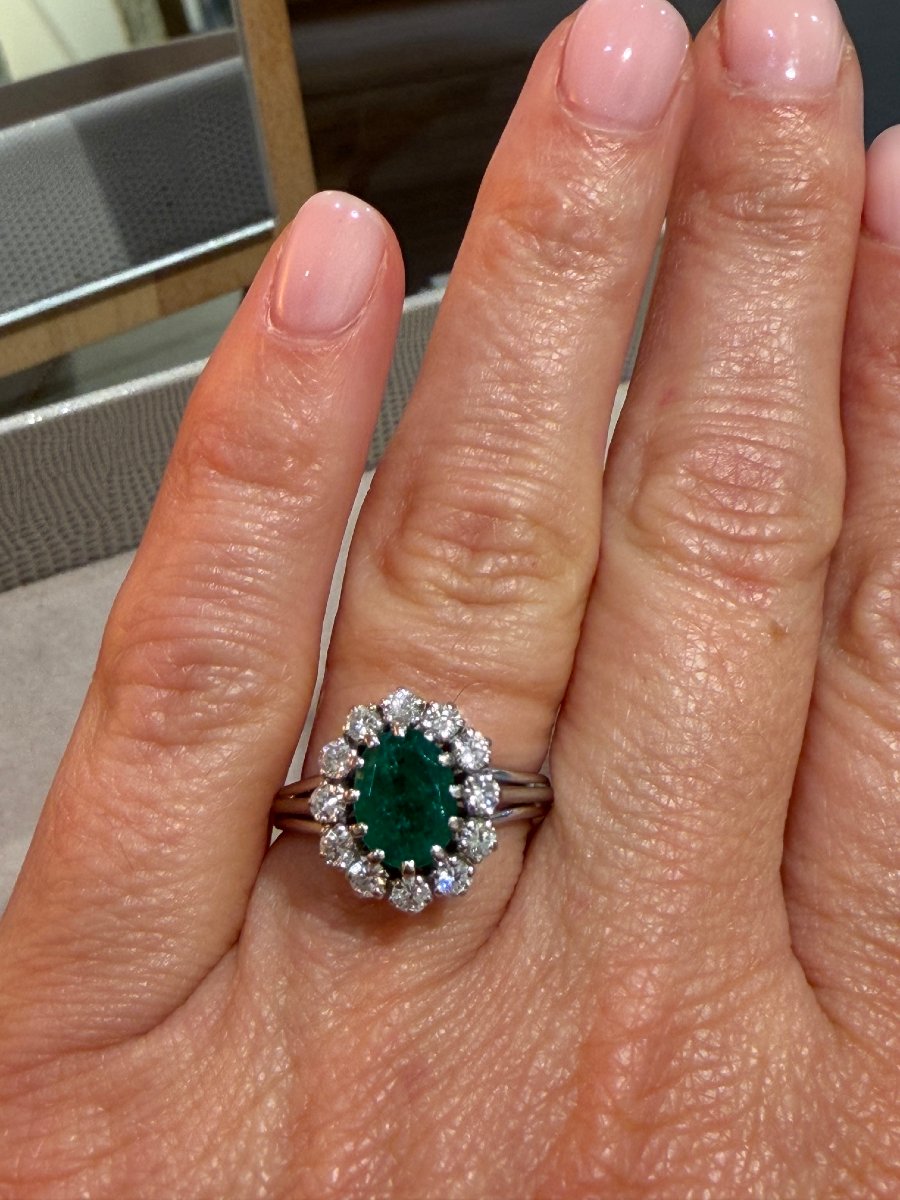 BAGUE ANCIENNE MARGUERITE EMERAUDE & DIAMANTS-photo-6