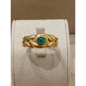 Vintage Braided Band Ring And Emerald Cabochon 