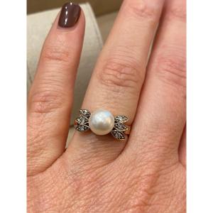 Two-tone Gold Cultured Pearl And Diamond Ring