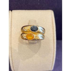 BAGUE DOUBLE JONCS  EN OR SAPHIR BLEU ET SAPHIR JAUNE