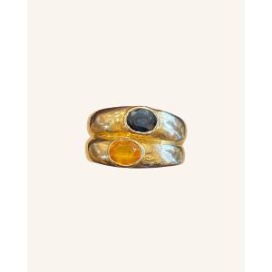 BAGUE DOUBLE JONCS  EN OR SAPHIR BLEU ET SAPHIR JAUNE
