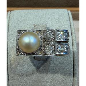 BAGUE TANK DIAMANTS & PERLE