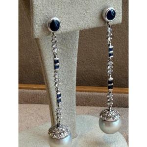 BOUCLES D'OREILLES PENDANTES PERLES, DIAMANTS & SAPHIRS