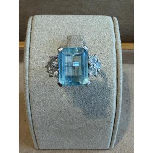 BAGUE EN PLATINE AIGUE MARINE & DIAMANTS