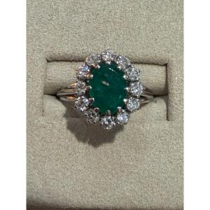 BAGUE ANCIENNE MARGUERITE EMERAUDE & DIAMANTS