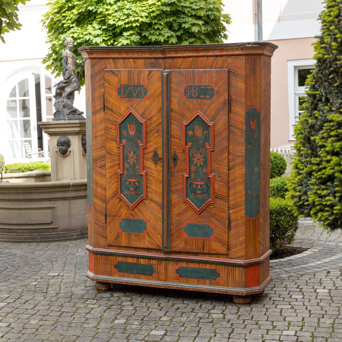 Hand-painted Folk Art Cabinet, Southern Germany, Dated 1877 And Monogrammed Emm-photo-1