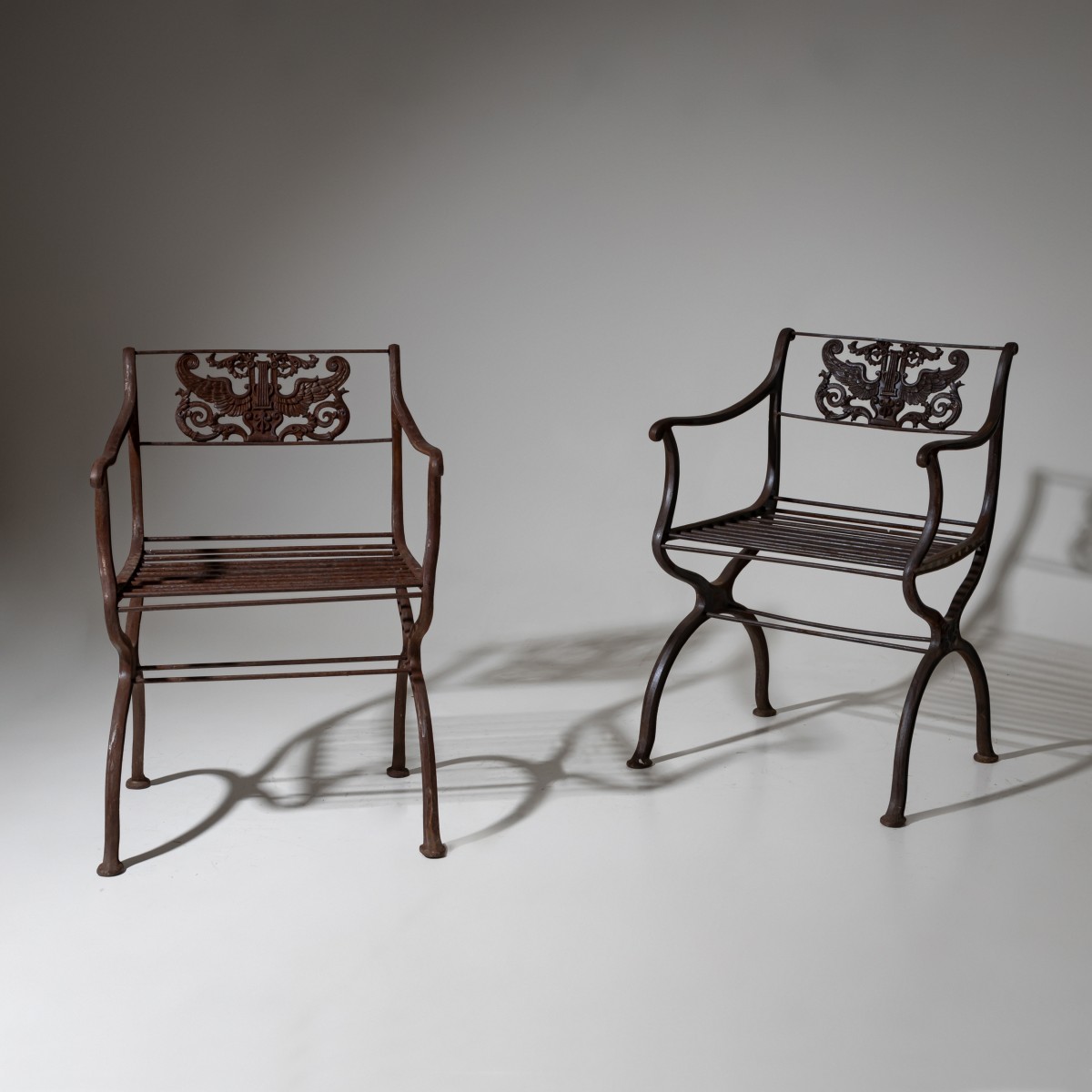 Two Cast Iron Garden Chairs After Karl Friedrich Schinkel, Lauchhammer Foundry, 20th Century