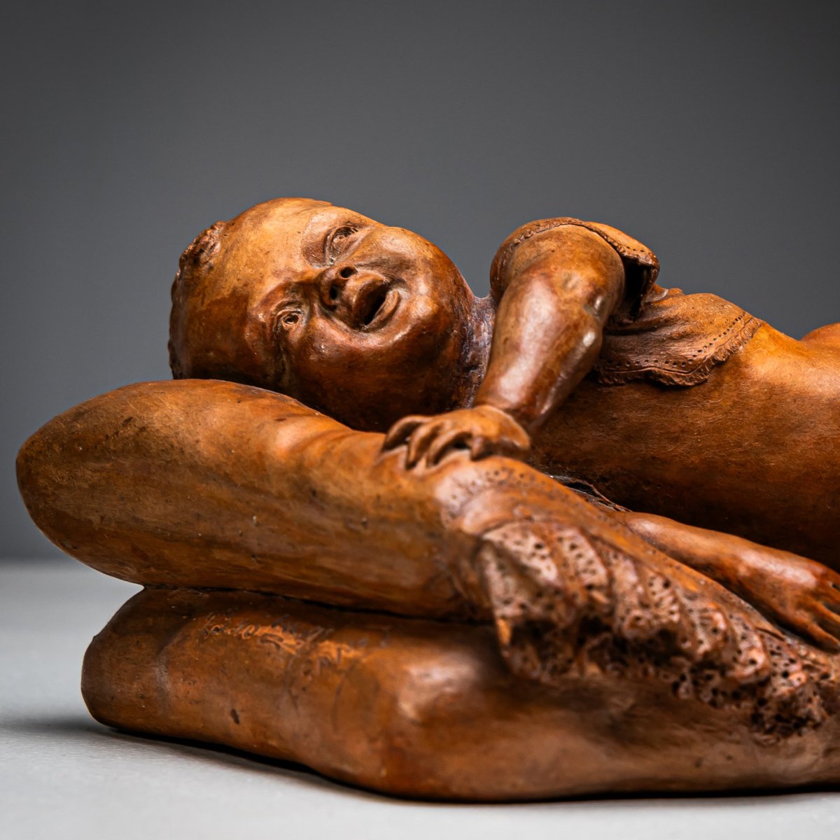 Terracotta Reclining Baby, Signed F. Sans, Probably Spain, Late 19th Century-photo-3