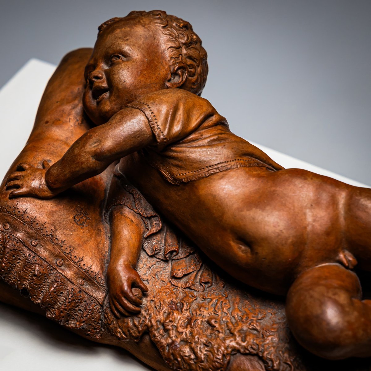 Terracotta Reclining Baby, Signed F. Sans, Probably Spain, Late 19th Century-photo-4