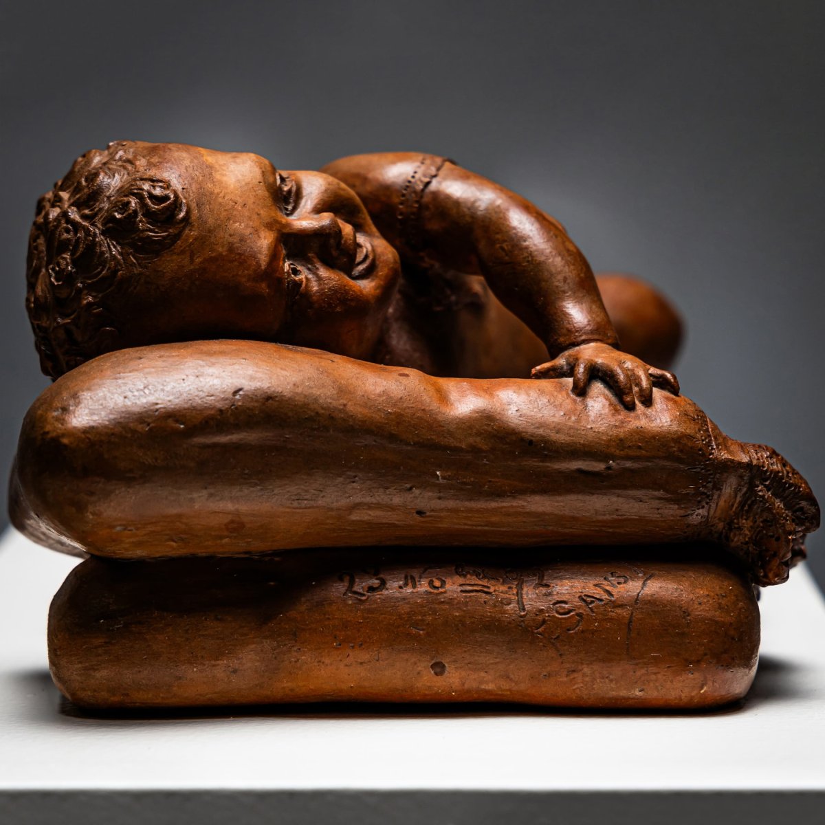 Terracotta Reclining Baby, Signed F. Sans, Probably Spain, Late 19th Century-photo-4