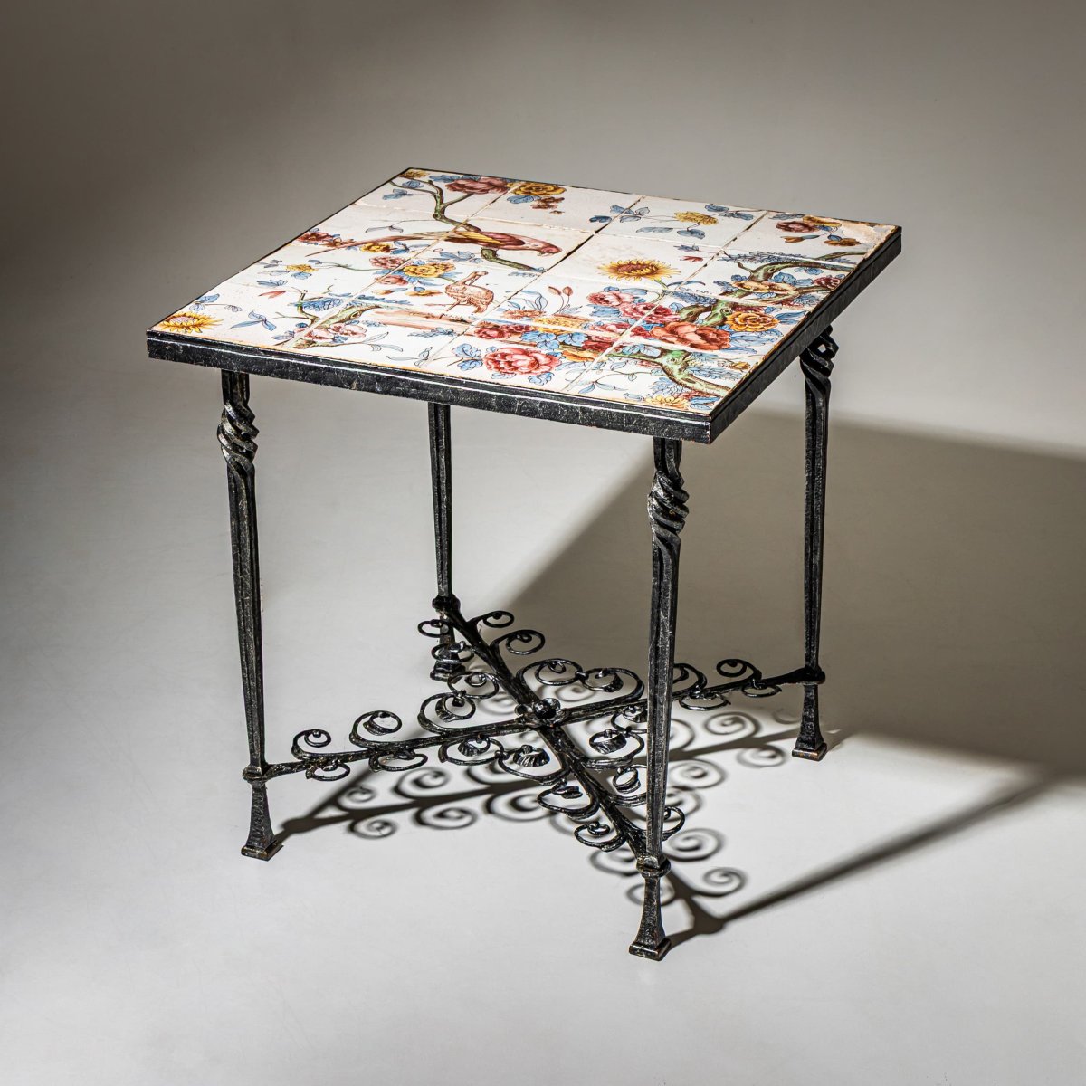 Wrought-iron Side Table With Painted Tiles, 1960s-photo-3