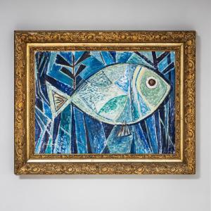 Werner Kreuzhage (1904–1989), Blue Fish Oil Painting On Wood, Abstract, 1955