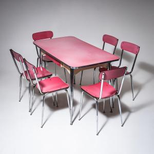 Pink Formica Dining Set, Table And Six Chairs, Italy, 1960s/1970s