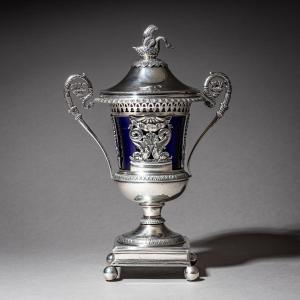 Drageoir français en argent avec doublure en verre bleu cobalt, intérieur doré, Cahors/Toulouse