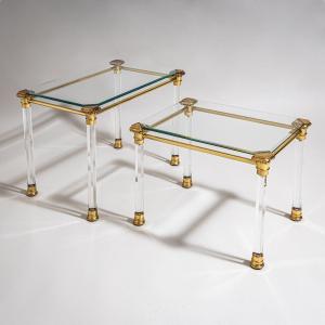 Two Plexiglas And Brass Coffee Tables, Probably From Italy, Late 20th Century
