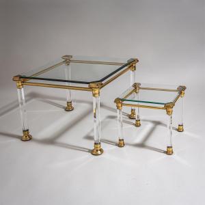 Two Plexiglas And Brass Coffee Tables, Probably From Italy, Late 20th Century