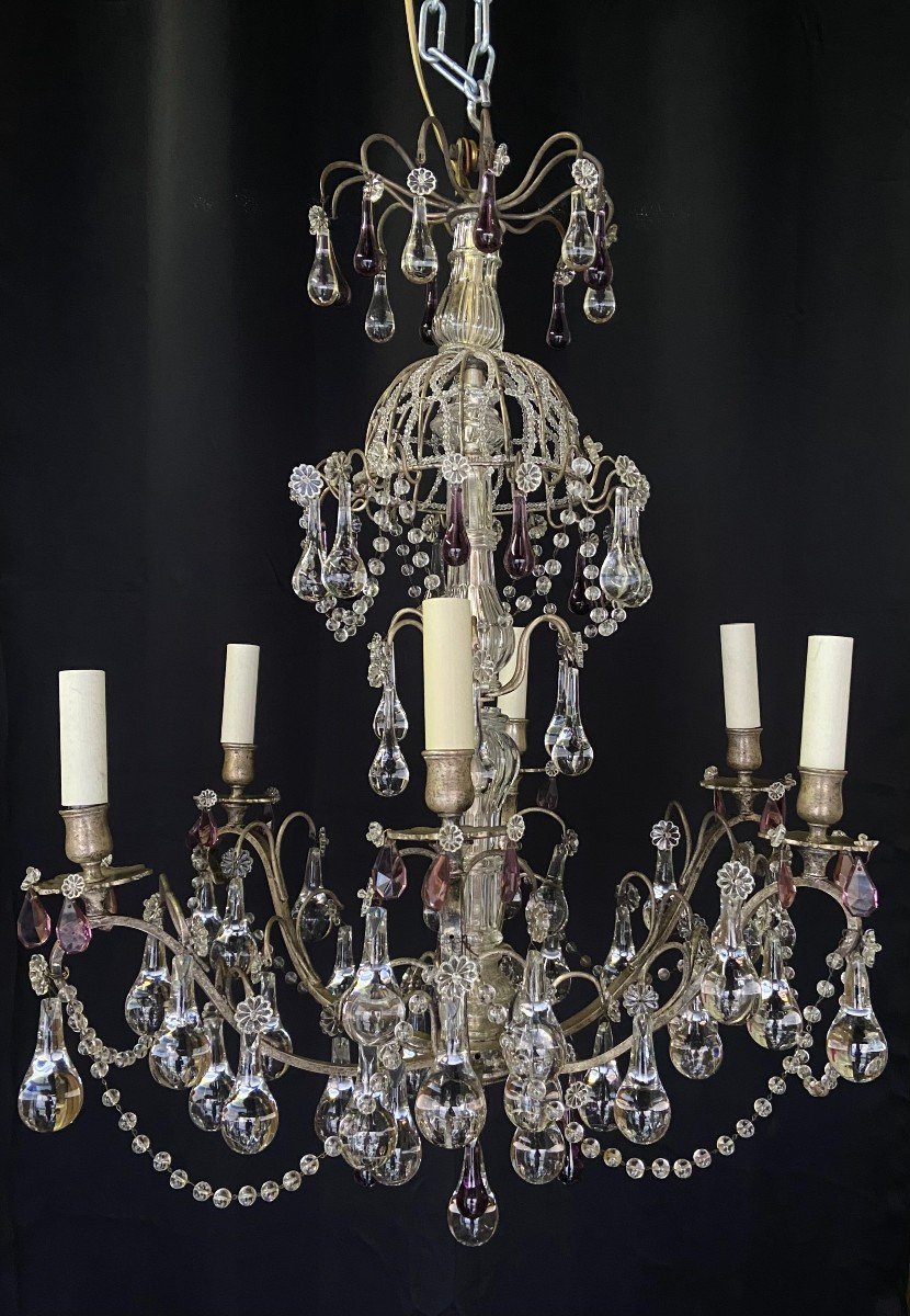Lustre à Pampilles Violettes, XIXe Siècle Français -photo-3