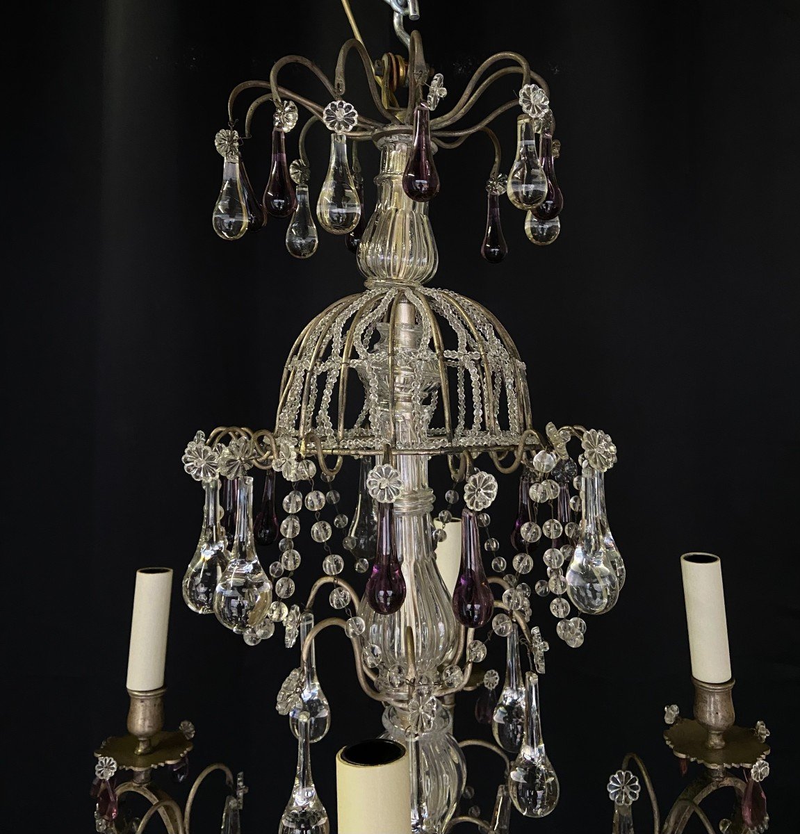 Lustre à Pampilles Violettes, XIXe Siècle Français -photo-4