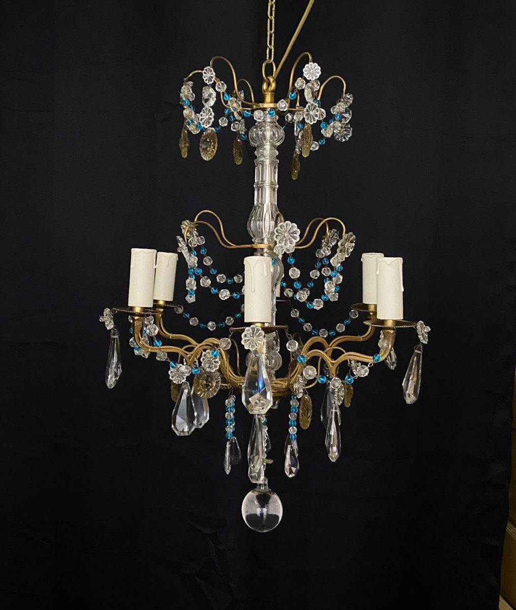 Lustre Avec Perles Bleues, XXe France 