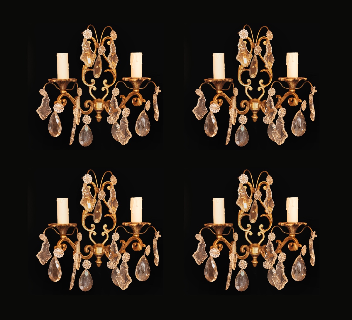 Pair Of Bronze Wall Sconces With Crystal Drops, 20th Century 