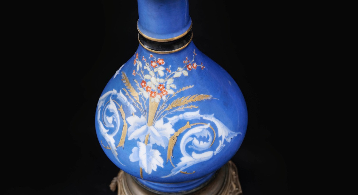 Paire de lampes bleues à motifs floraux, XIX ème -photo-2