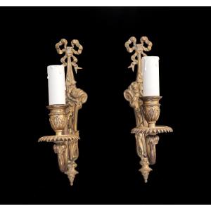 Pair Of Slim Single-light Bronze Wall Sconces