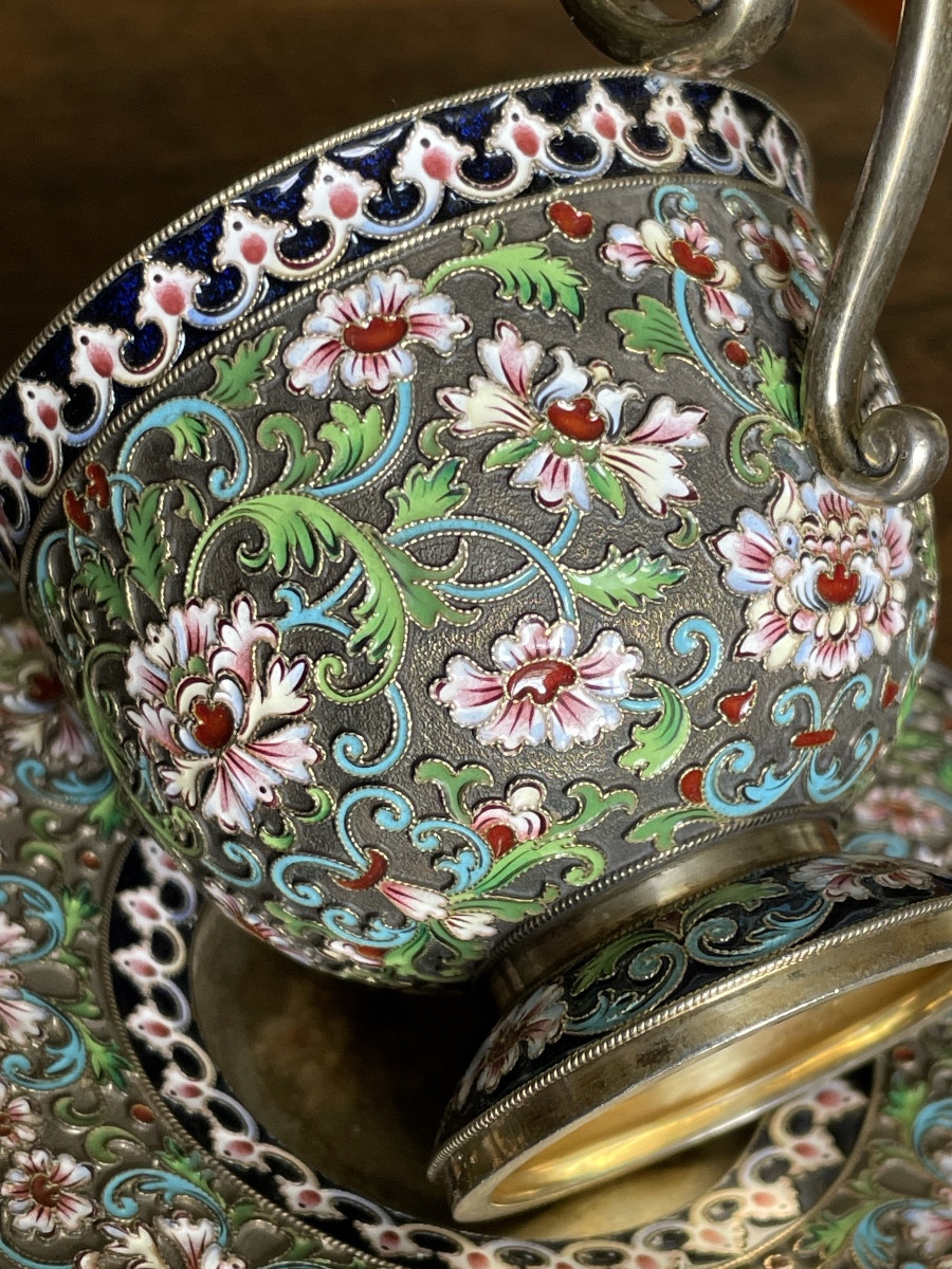 Russian Cloisonné Silver Cups And Saucers-photo-2