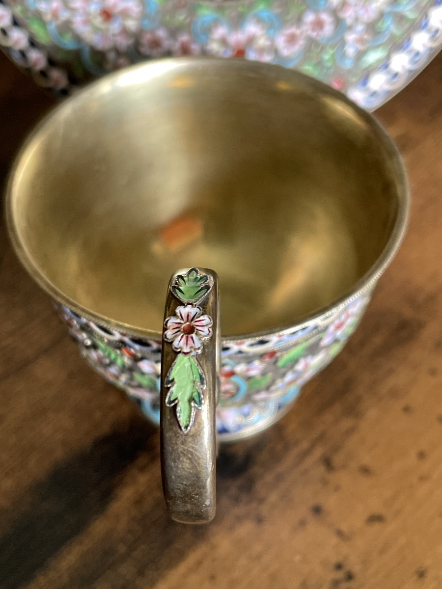 Russian Cloisonné Silver Cups And Saucers-photo-2
