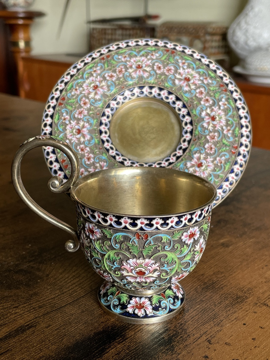 Russian Cloisonné Silver Cups And Saucers-photo-3