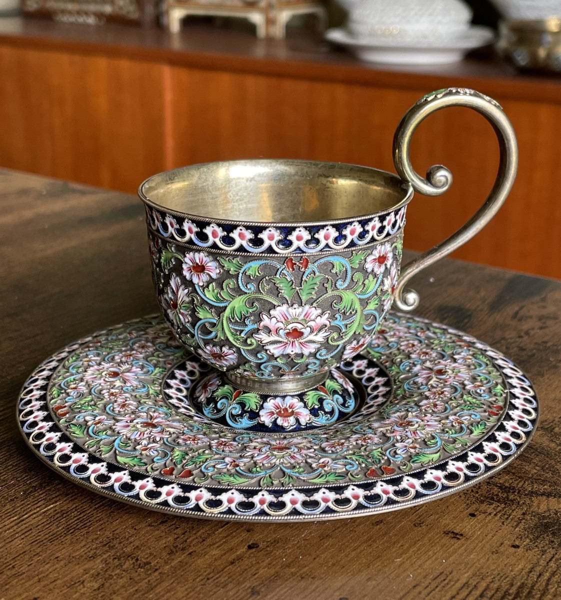 Russian Cloisonné Silver Cups And Saucers