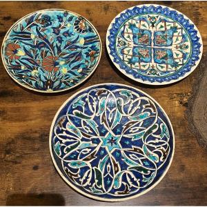 Three. Ceramic Plates From Kutahya, Ottoman Late 19th Century